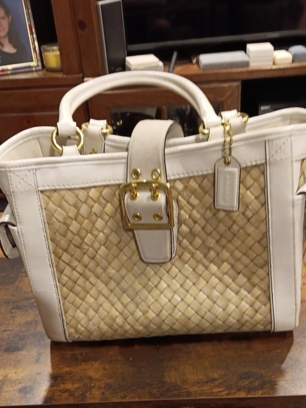 Vintage Coach Straw & White Leather Hampton Basket Tote (Style 4419)